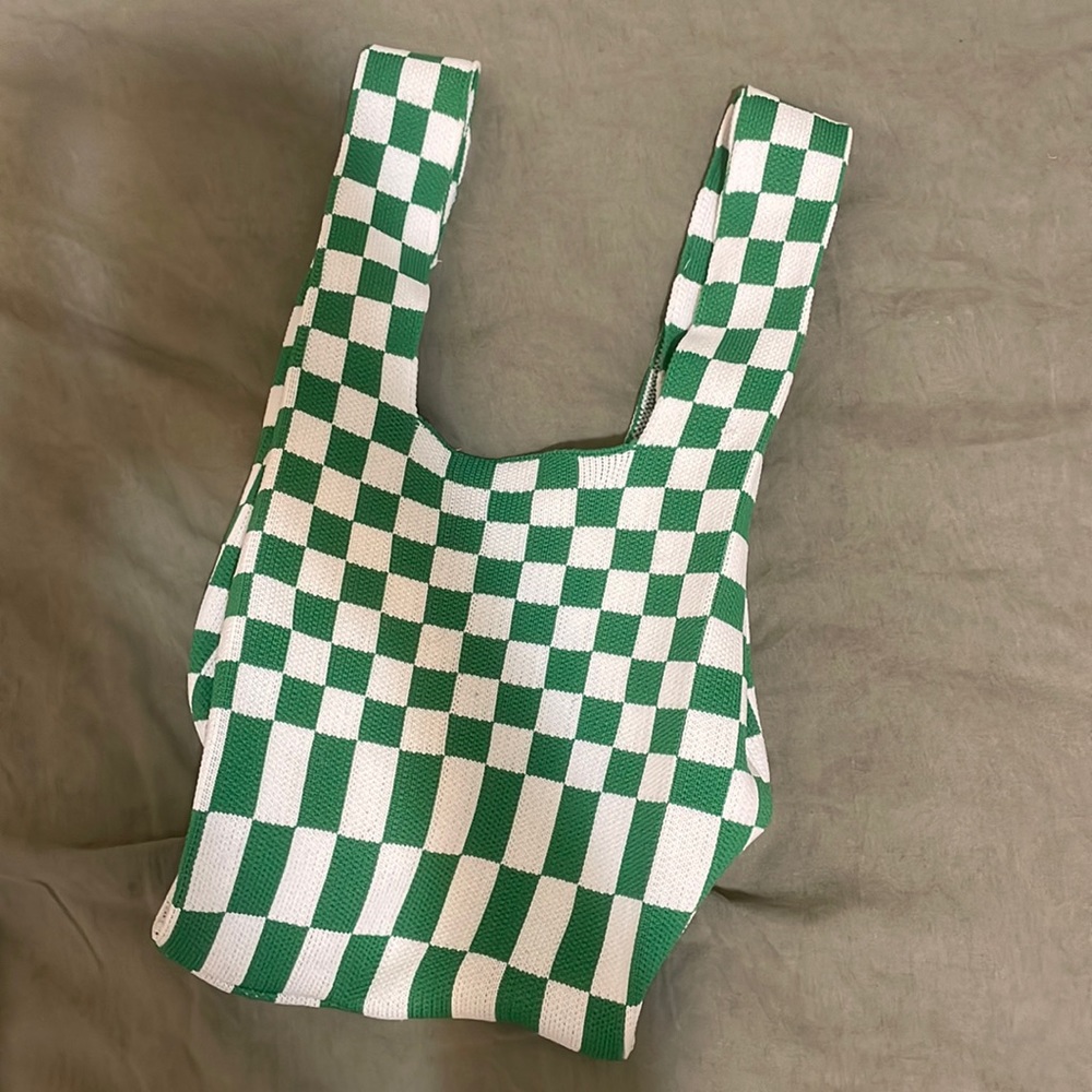 Checkered green and white knit bag